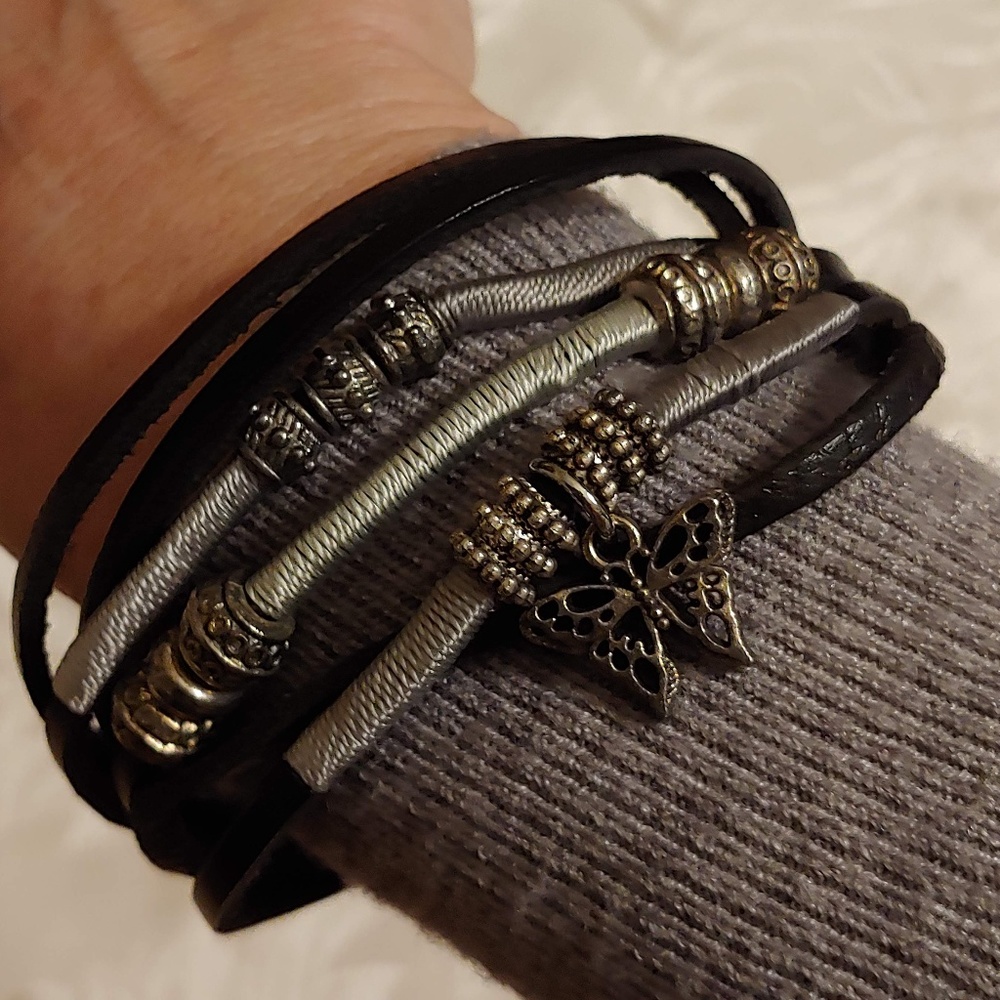 Black Leather & Silver Charm Friendship Bracelet